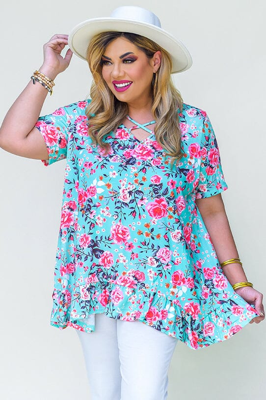 Aqua Floral Top by Vibe Clothing