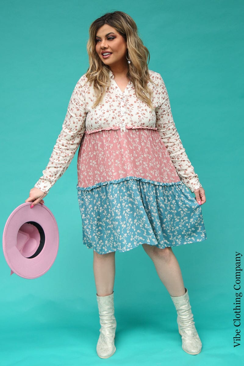 Color Block Tiered Floral Dress