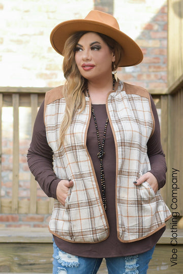 Neutral Plaid Vest by Vibe Clothing